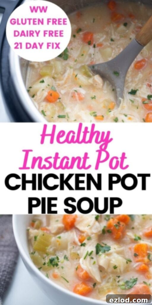 A photo collage promoting healthy Instant Pot Chicken Pot Pie Soup with text overlay, showcasing the finished dish and key ingredients.
