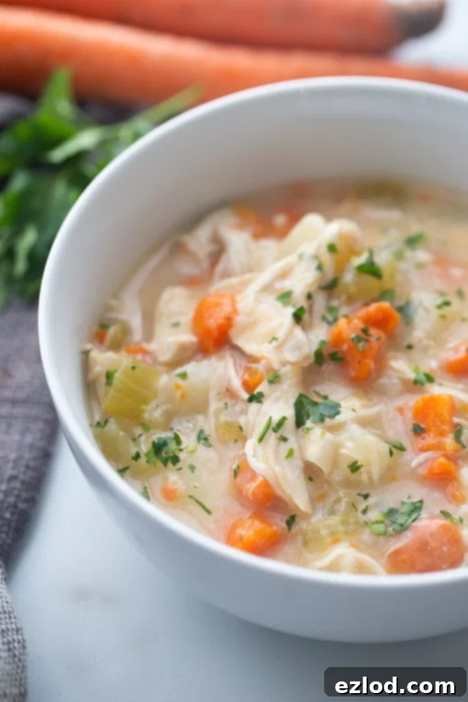 A close-up shot of creamy Instant Pot chicken pot pie soup, garnished with fresh, chopped parsley, highlights its rich texture and wholesome ingredients.