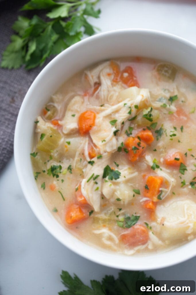 A pristine white bowl of healthy Instant Pot chicken pot pie soup is beautifully garnished with fresh green parsley, ready to be enjoyed as a comforting meal.