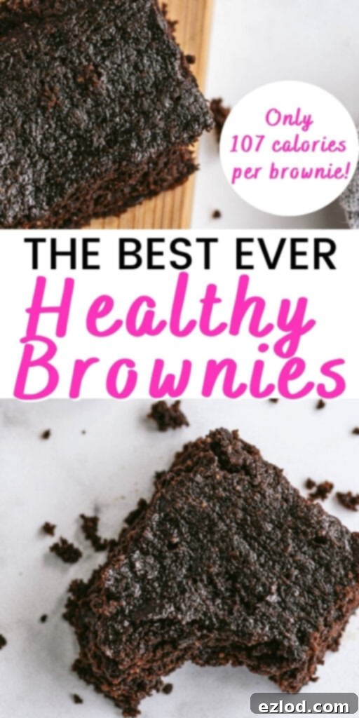 Two photo collage with black and pink text on a white background. Top and bottom photos both feature a homemade healthy brownie recipe, bottom photo has a bite taken out of it. 