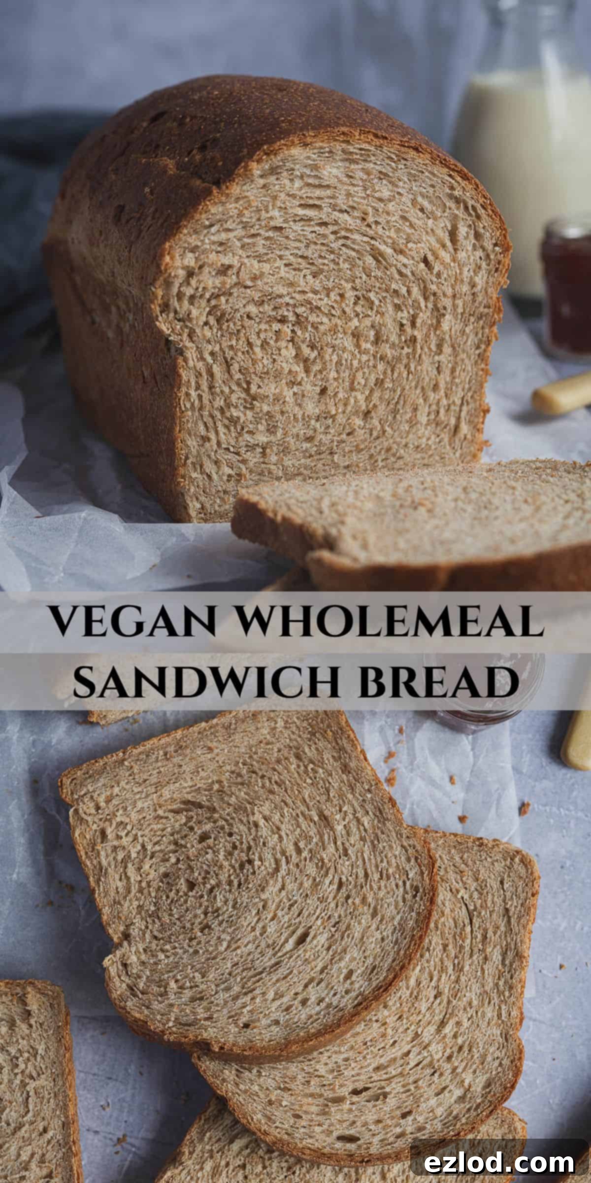 A Pinterest-friendly collage image showcasing various stages and final presentation of the vegan wholemeal sandwich bread.