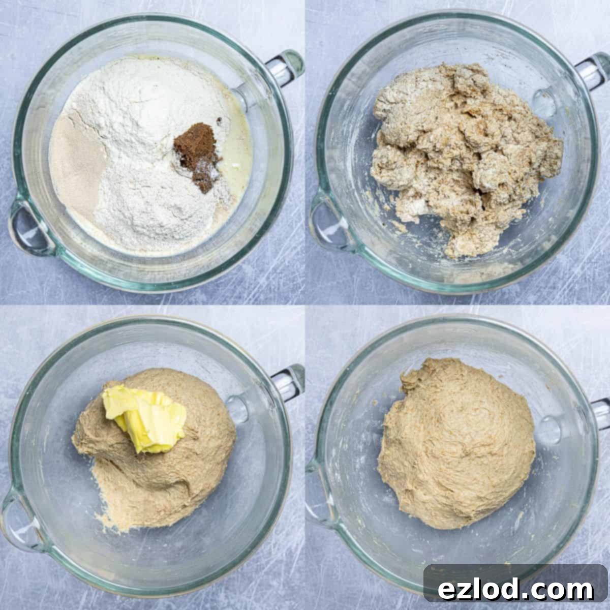 A four-image collage showcasing the dough-making process: initially adding ingredients to the mixer bowl, the shaggy unkneaded dough, the addition of softened vegan butter, and finally, the beautifully kneaded, smooth, and elastic dough.