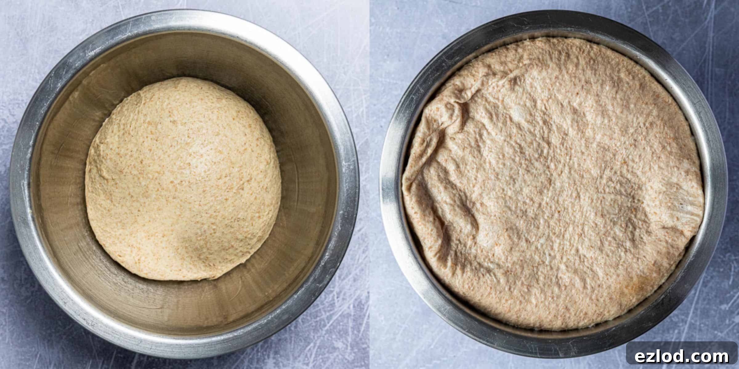 A two-image collage illustrating the transformation of the dough: a before shot of the freshly kneaded dough in a bowl, and an after shot showing the dough beautifully doubled in size after its first rise.