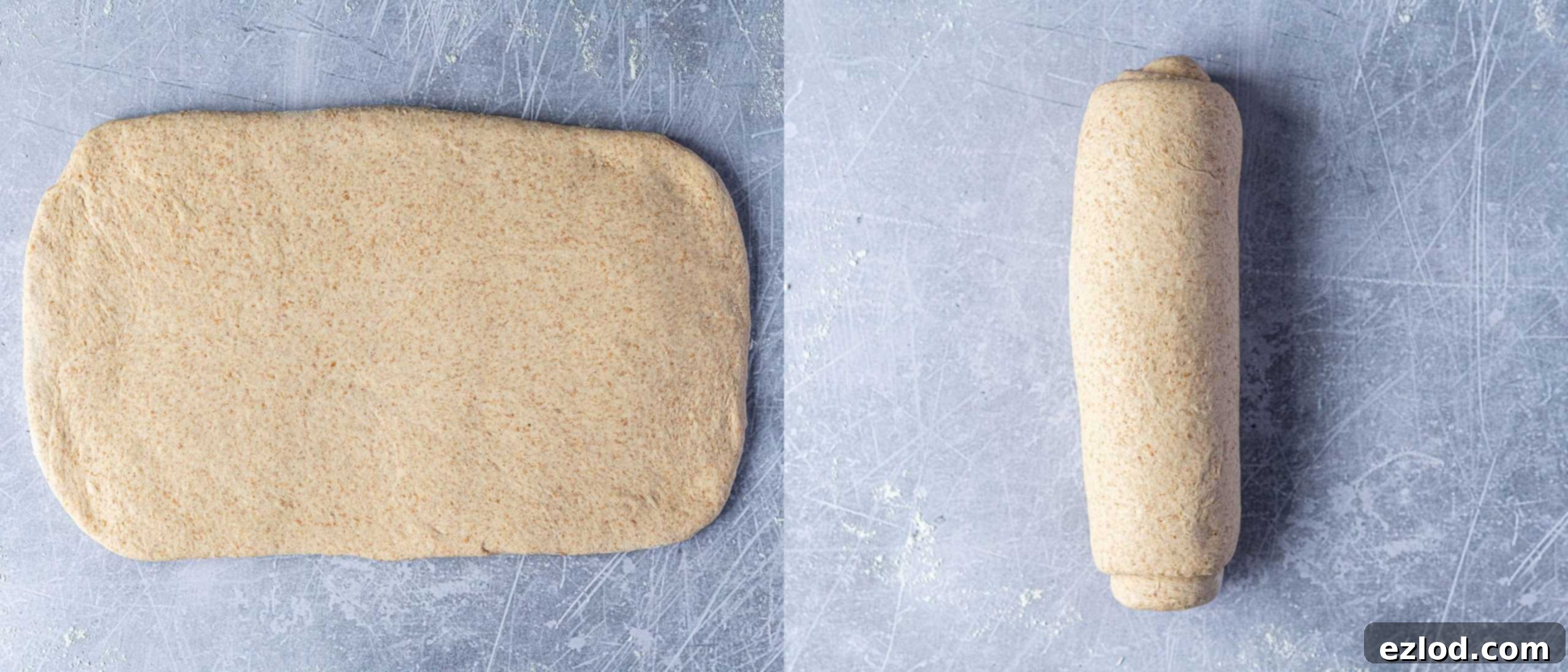 A two-image collage demonstrating the loaf shaping: first, the dough rolled out into a rectangle on a floured surface, and then carefully rolled up into a neat log shape.