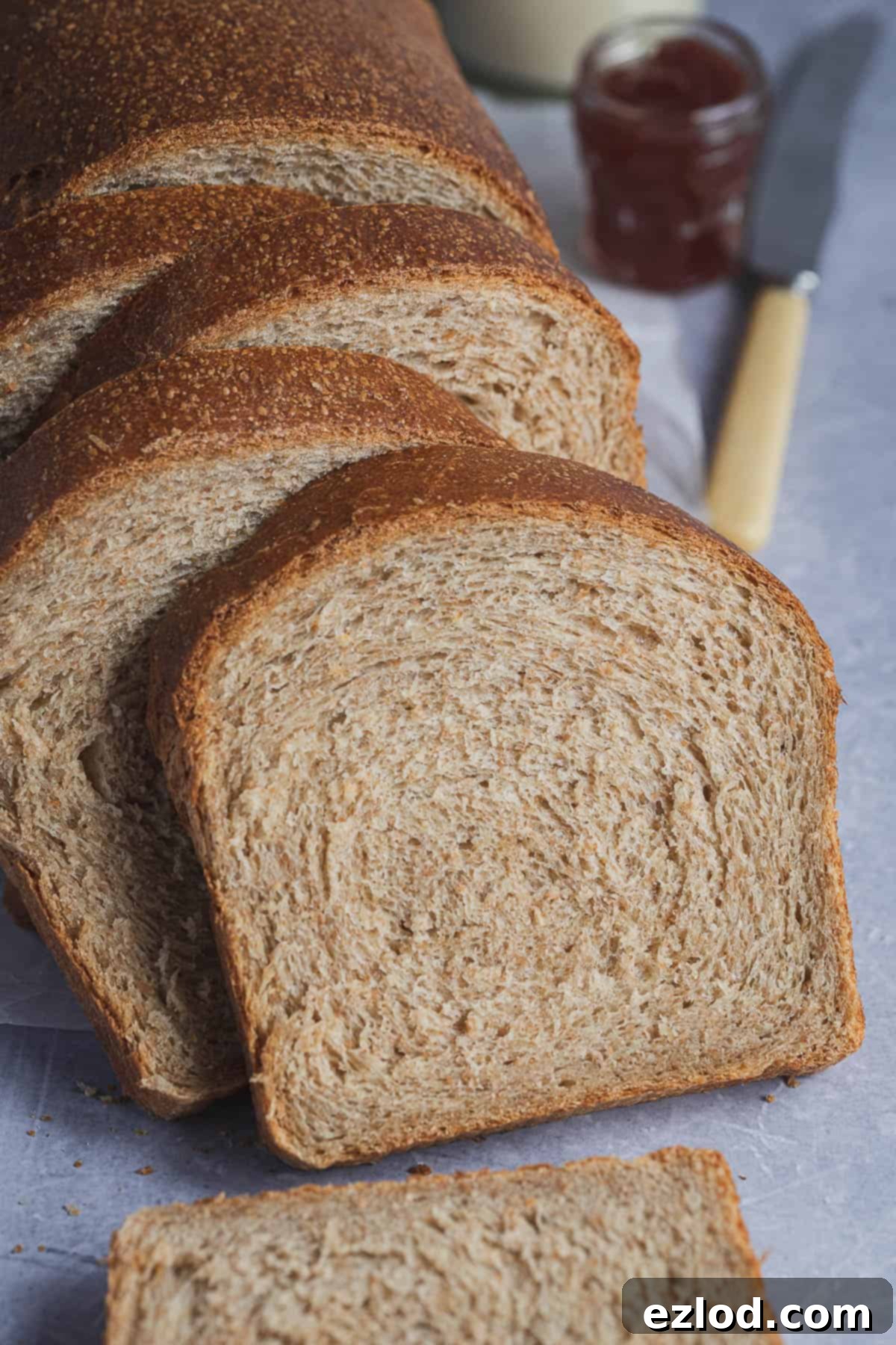 A close-up shot of a single slice of vegan wholemeal sandwich bread, showcasing its fine, even crumb and inviting texture.