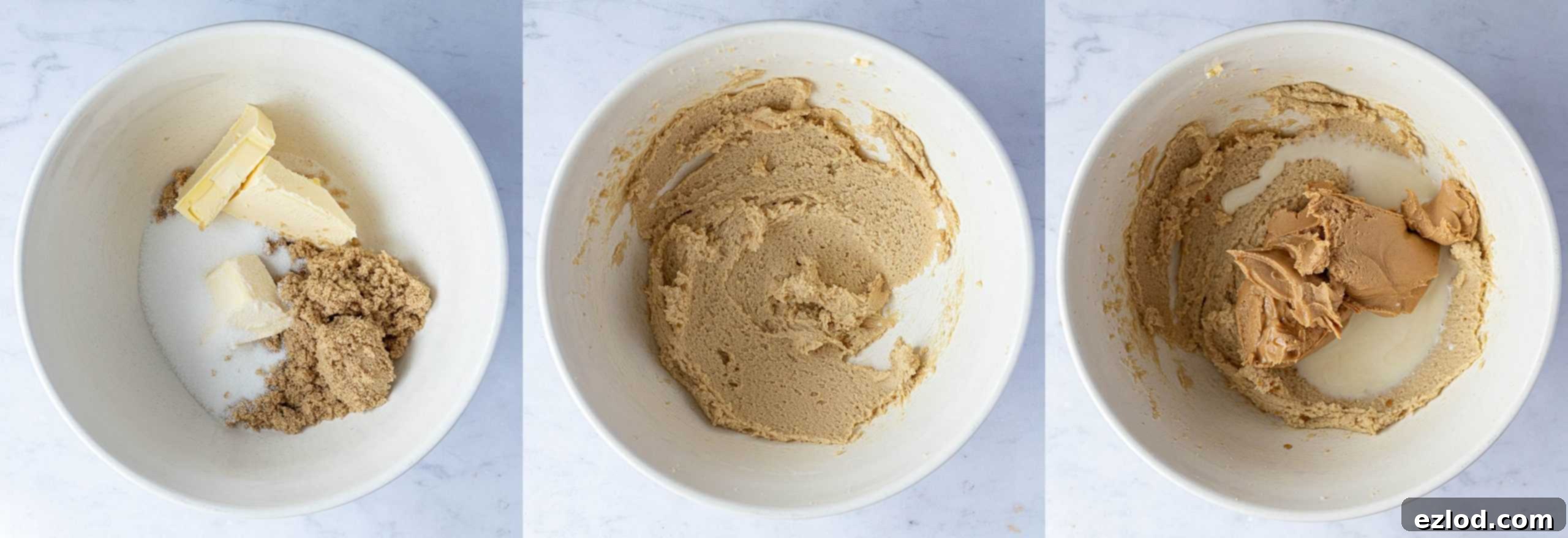 A three-image collage showing the process of creaming vegan butter with sugars, then adding peanut butter and non-dairy milk, and whisking until smooth for the cookie dough.
