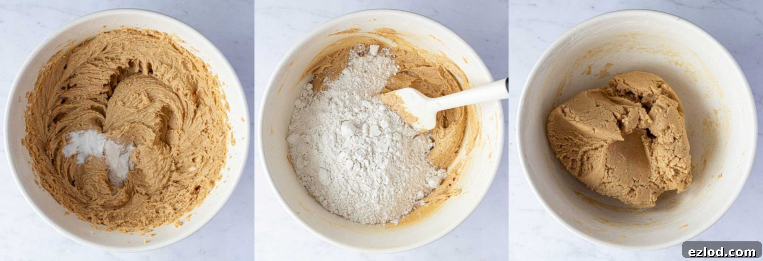 A three-image collage demonstrating the addition of flour to the wet ingredients and the resulting perfectly mixed vegan cookie dough, ready for shaping.