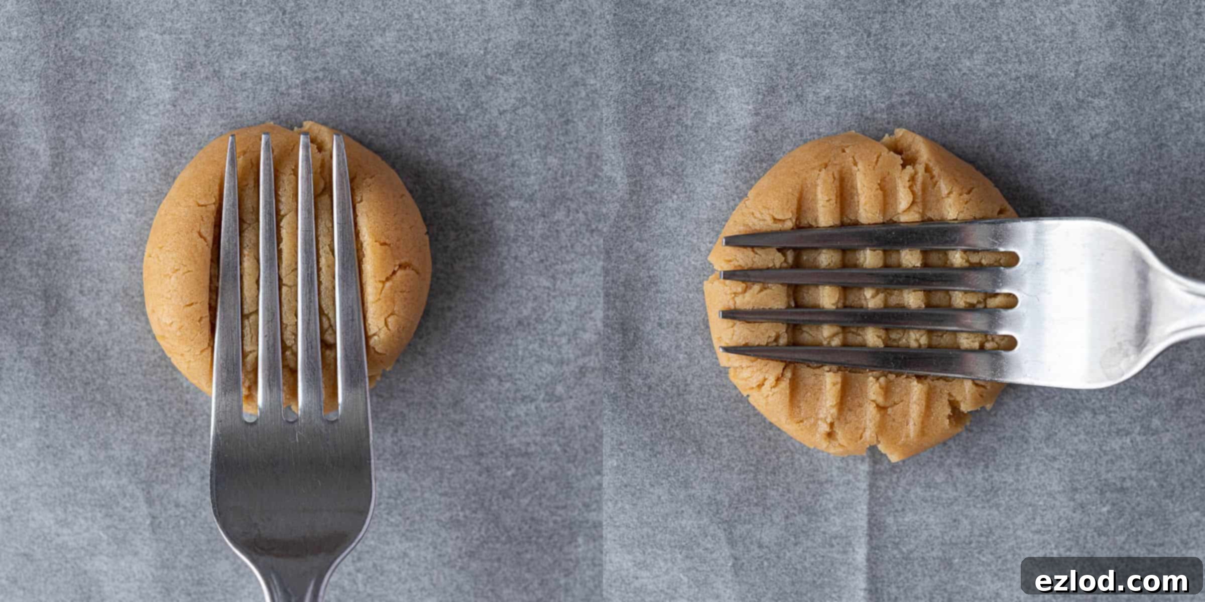 A two-image collage showing the step of pressing a fork into the cookie dough balls to create the traditional criss-cross pattern before baking.