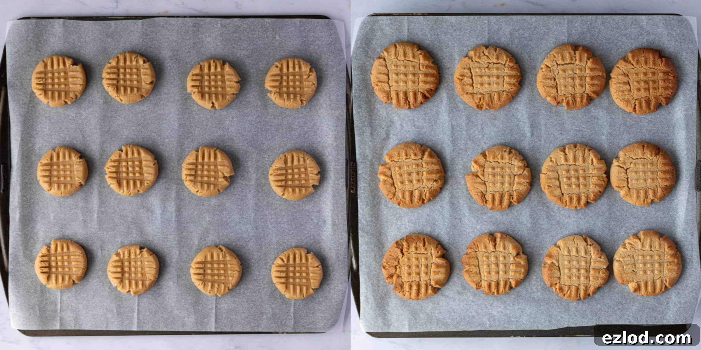 A two-image collage displaying vegan peanut butter cookies before and after baking, highlighting the transformation and golden finish.