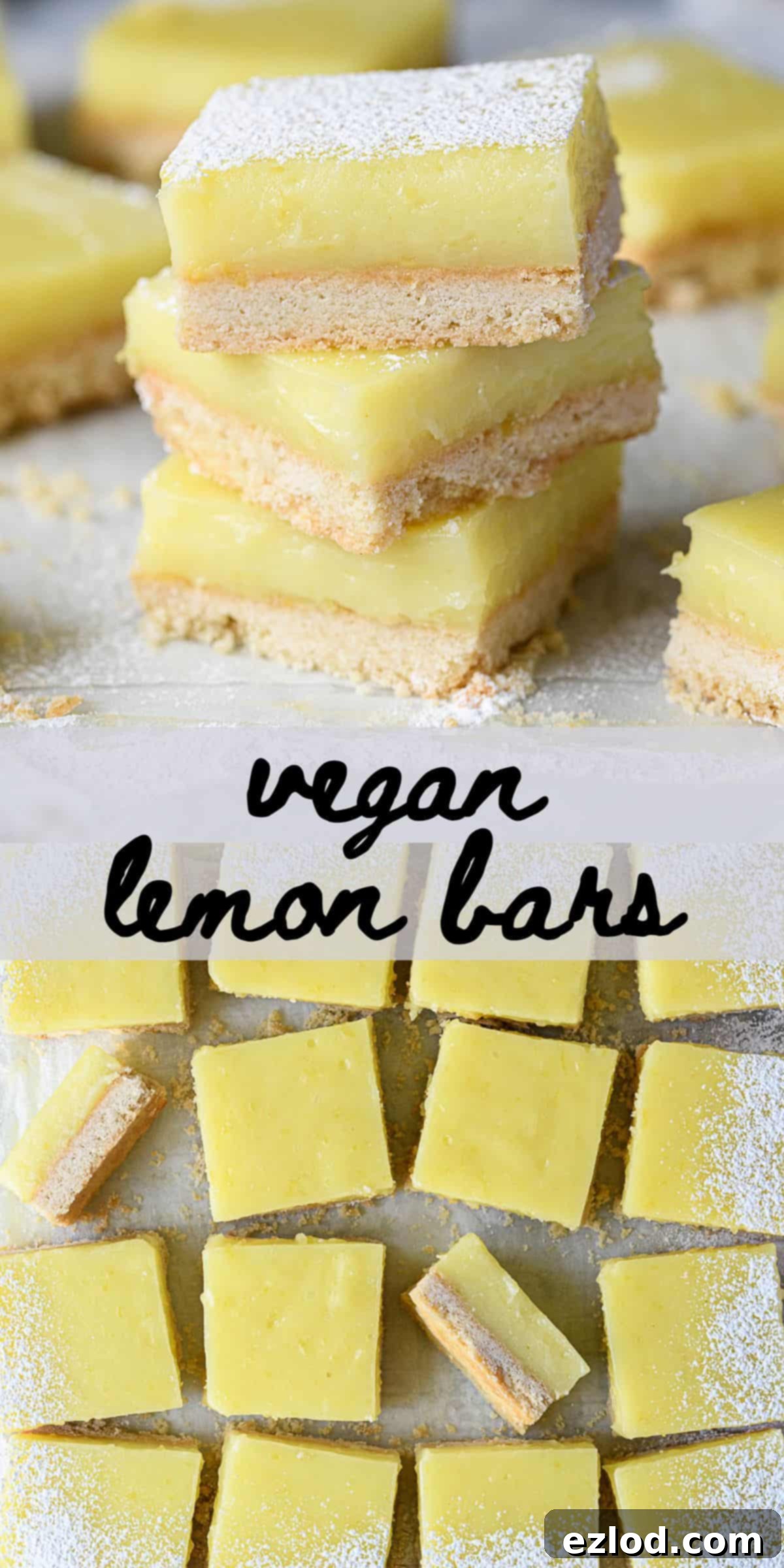 A Pinterest collage image featuring various enticing shots of vegan lemon bars, highlighting their crisp base and creamy lemon filling.