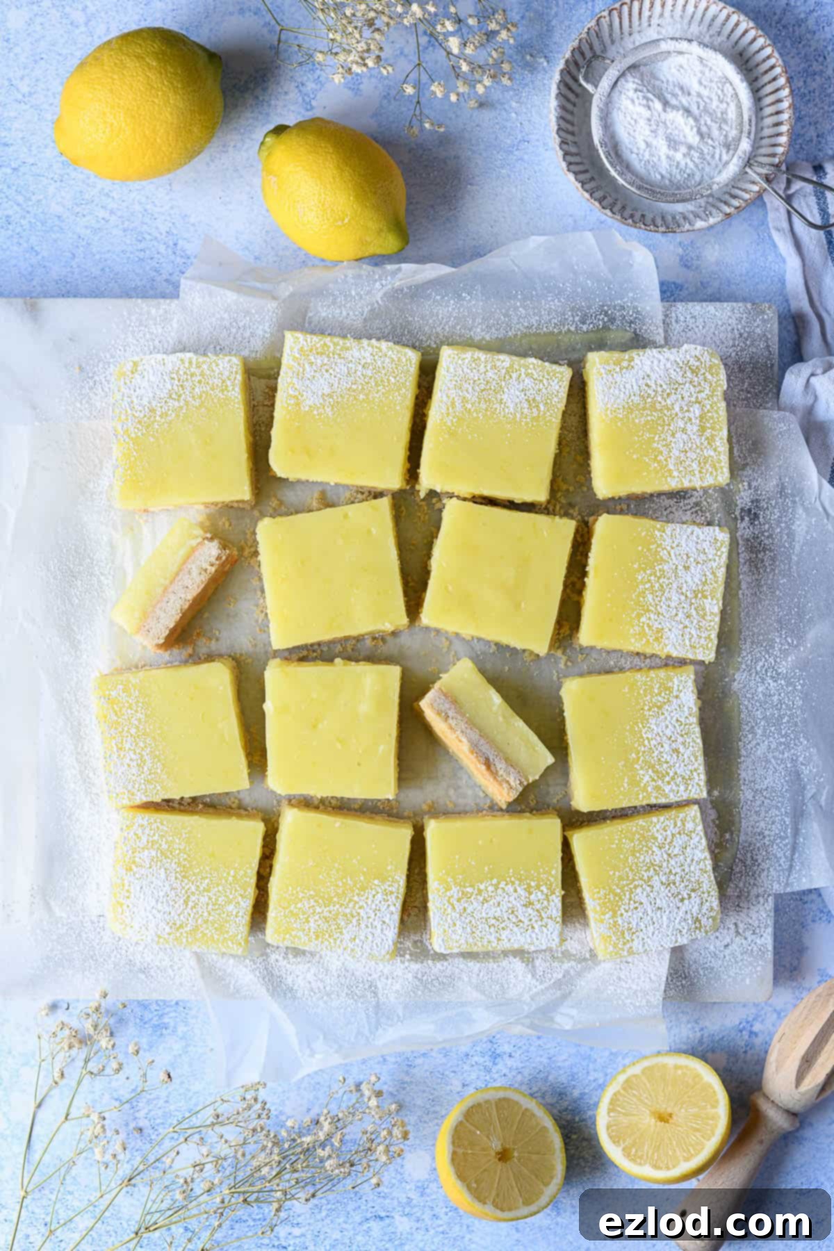 Vegan lemon bars beautifully arranged on a blue surface, surrounded by fresh lemons, a bowl of powdered sugar, and dried flowers.