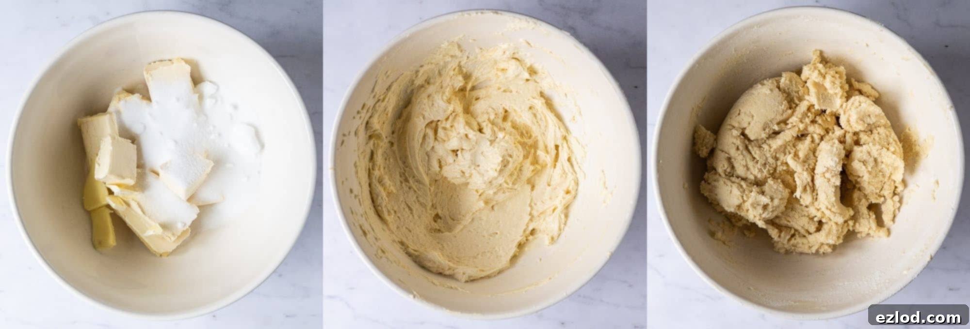 A three-image collage showing the process of creaming vegan butter and sugar, adding flour, and forming the shortbread dough.