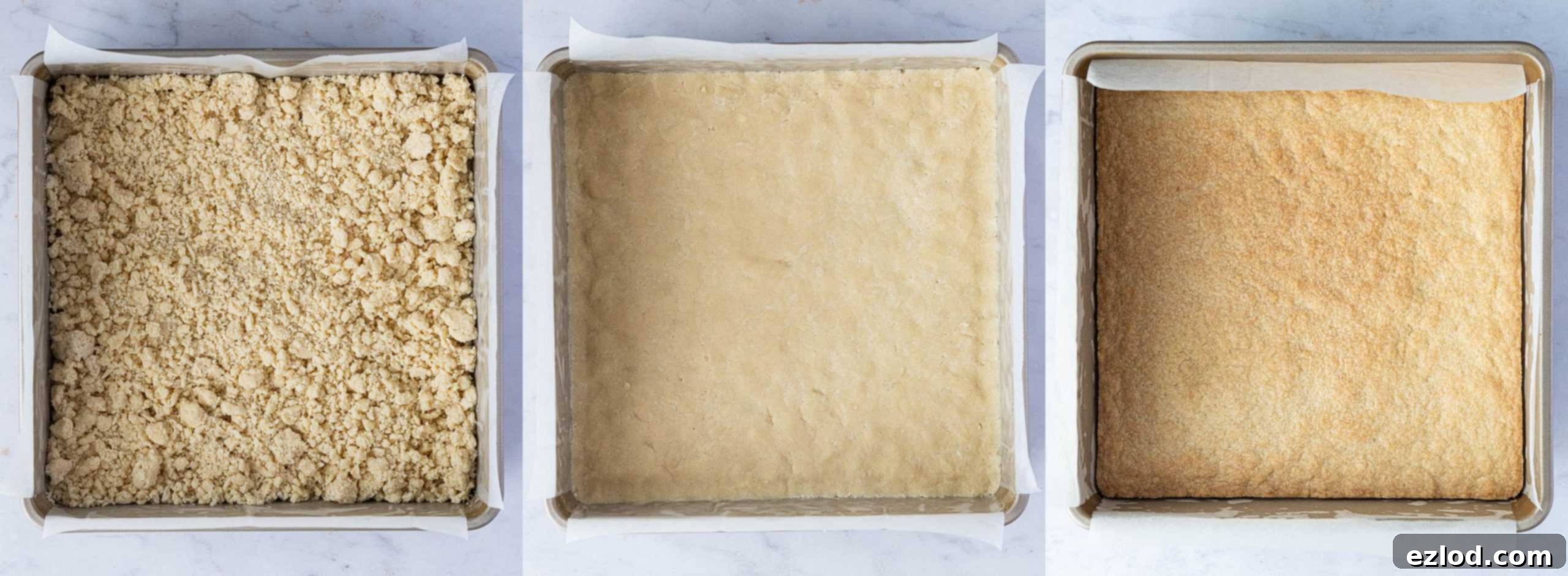A three-image collage depicting the steps of pressing shortbread dough into a tin, the tin ready for baking, and the golden-brown baked shortbread crust.