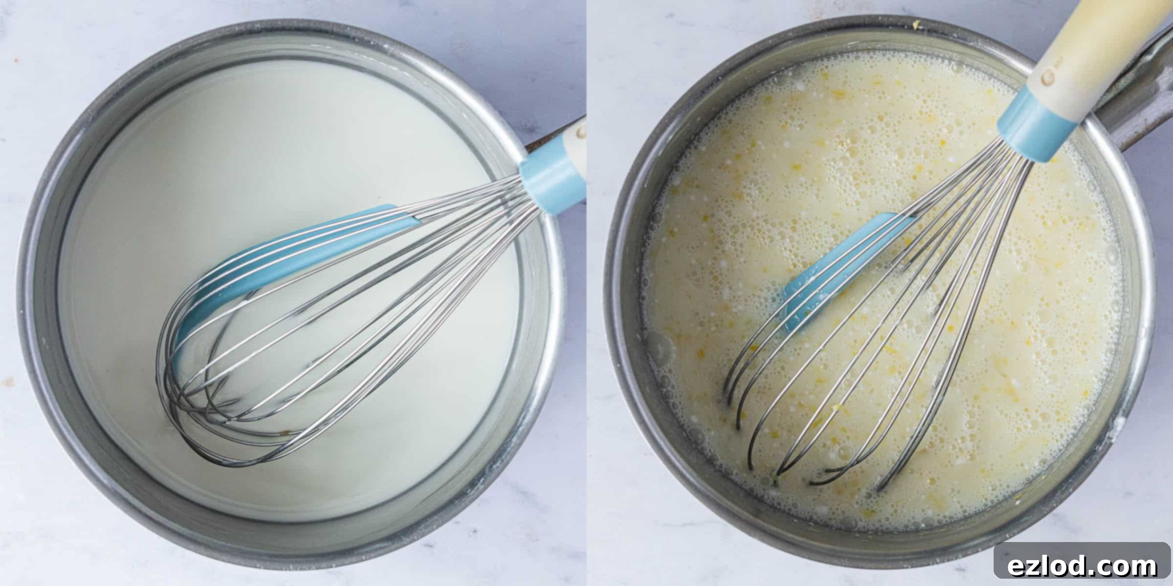 A two-image collage showing the preparation of lemon curd: first, mixing cornflour with water to form a paste, then adding lemon juice, zest, sugar, and coconut cream.