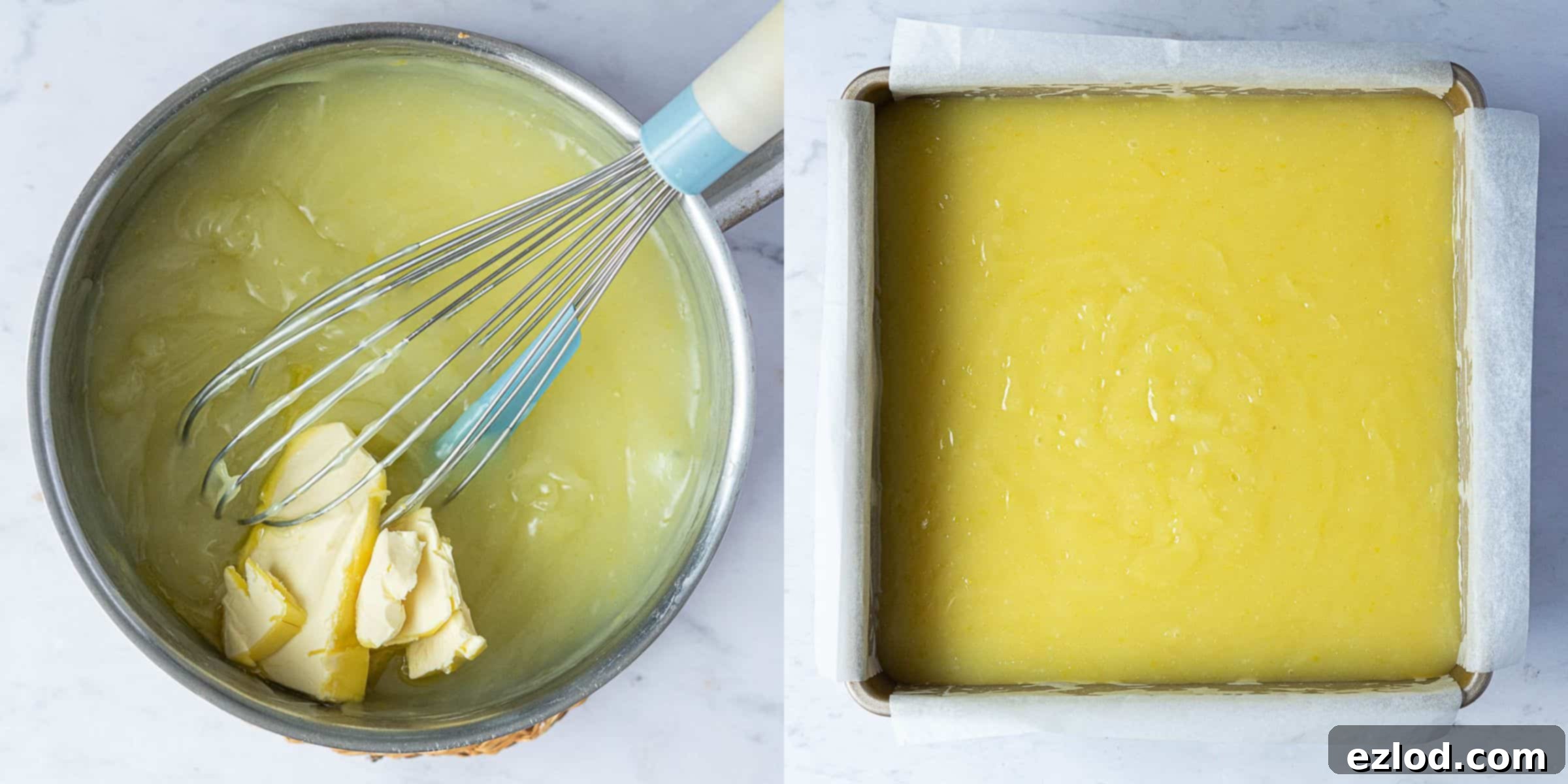A two-image collage showing the final steps of making vegan lemon bars: adding vegan butter to the hot lemon curd and then pouring the creamy curd over the baked shortbread base.