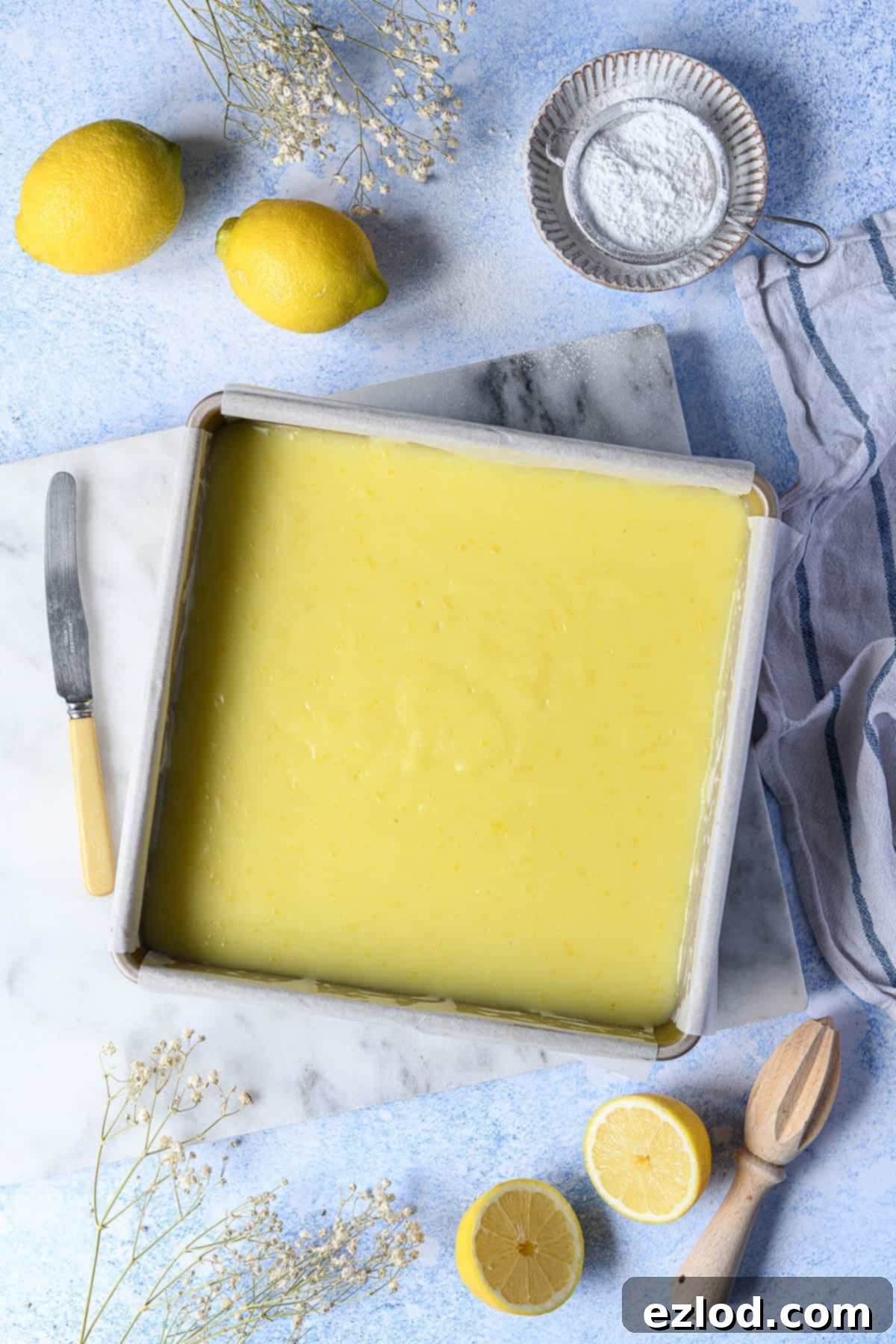 The unsliced block of vegan lemon bars, with a thick, golden lemon curd topping, waiting to be cut into individual servings.