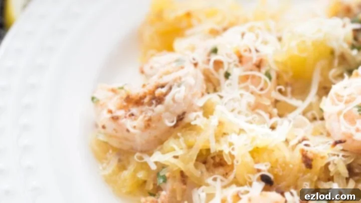 Garlic butter Shrimp Scampi served over a bed of spaghetti squash noodles.