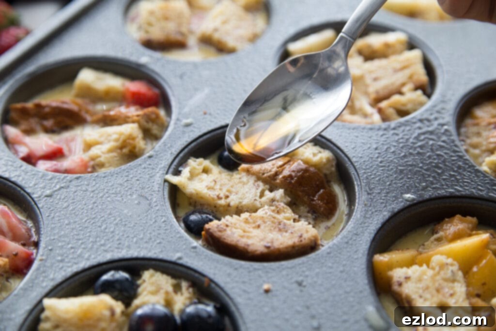 Drizzling mini french toast cups with maple syrup 