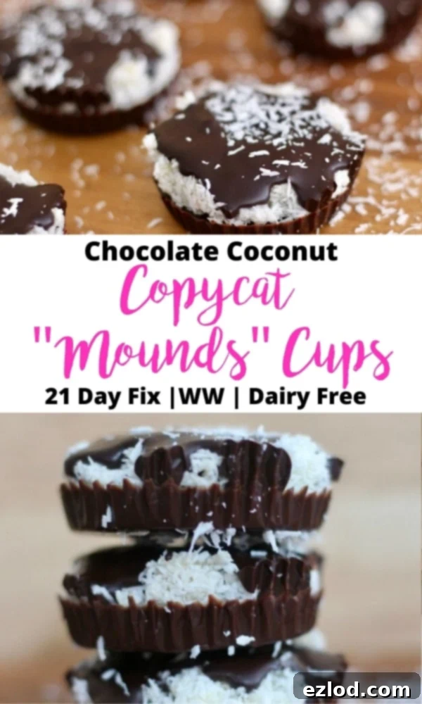Photo collage with text overlay- Chocolate Coconut Copycat "Mounds" Cups | 21 Day Fix | WW | Dairy Free