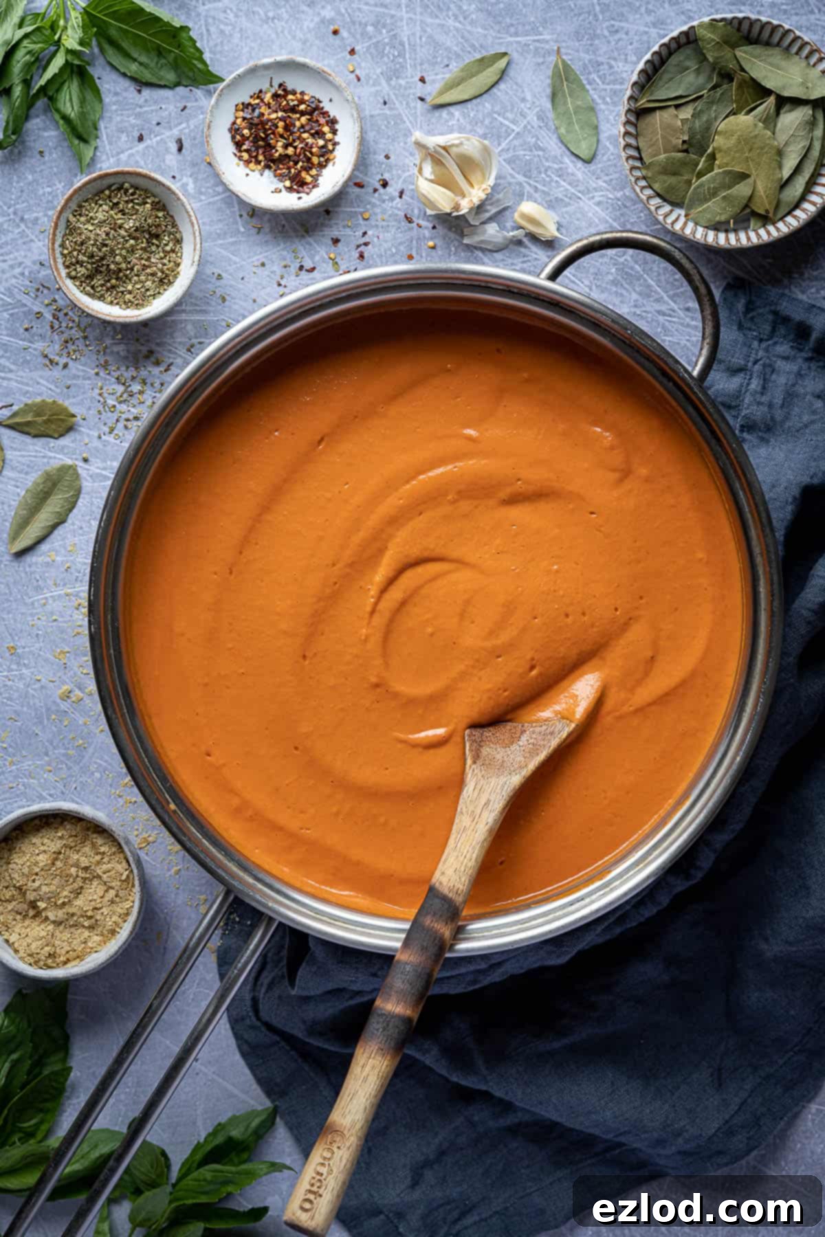 A saucepan filled with creamy tofu tomato pasta sauce, surrounded by fresh ingredients like ripe tomatoes, basil, and garlic cloves.