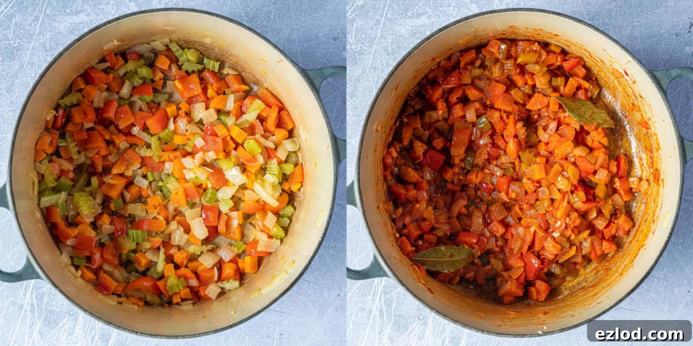 Step 1: A two-image collage illustrating the process of gently frying chopped vegetables in olive oil until tender.