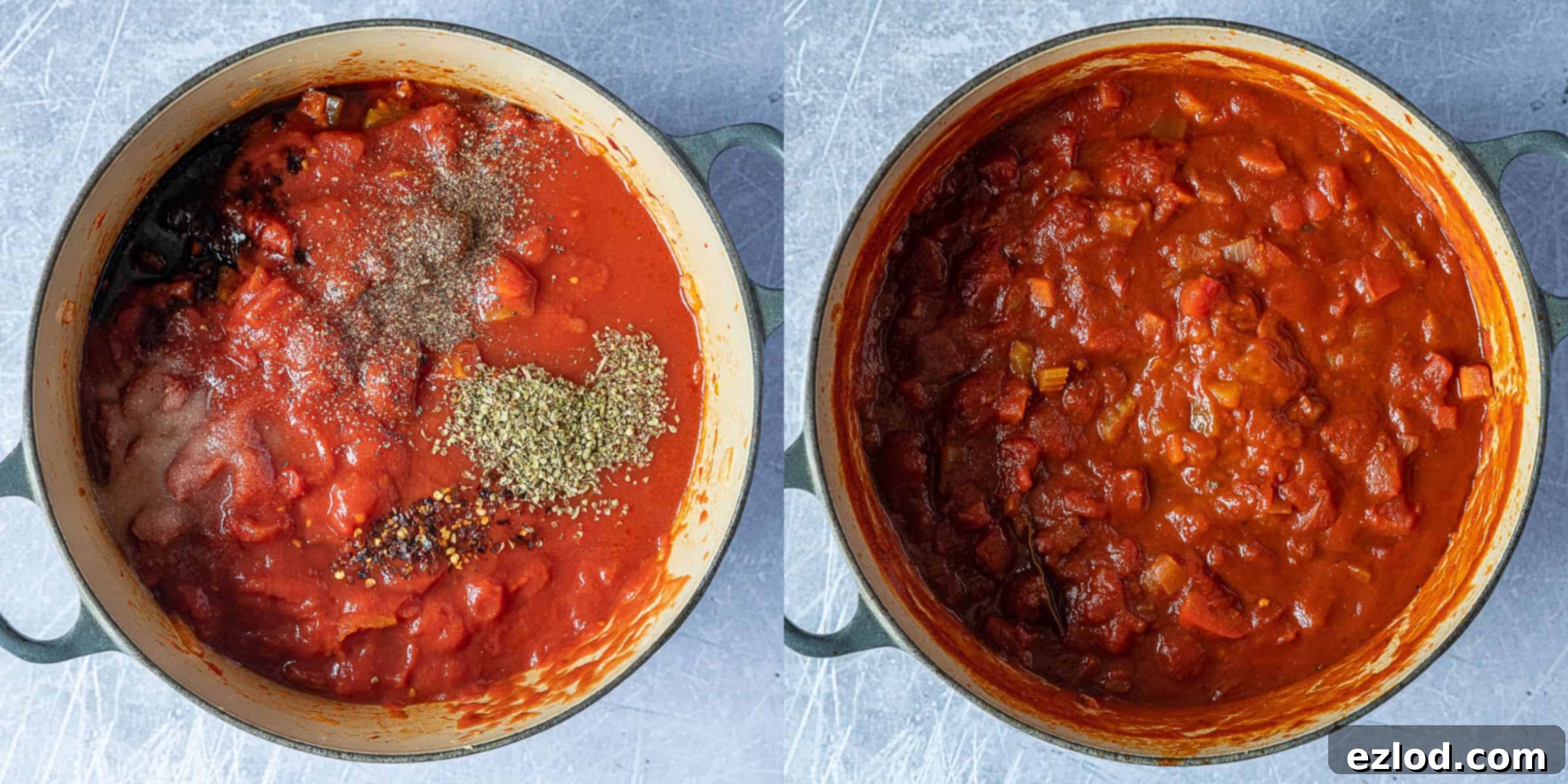 Step 2: A two-image collage showing the addition of canned tomatoes and spices to the sautéed vegetables, followed by the sauce simmering on the stovetop.