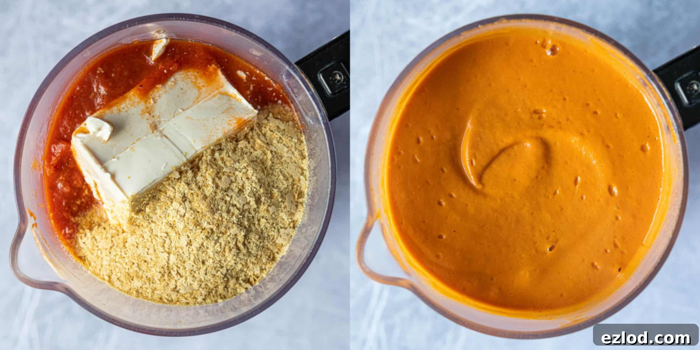 Step 3: A two-image collage depicting the transfer of cooked sauce, silken tofu, and nutritional yeast into a blender, and the resulting perfectly smooth, creamy blended sauce.
