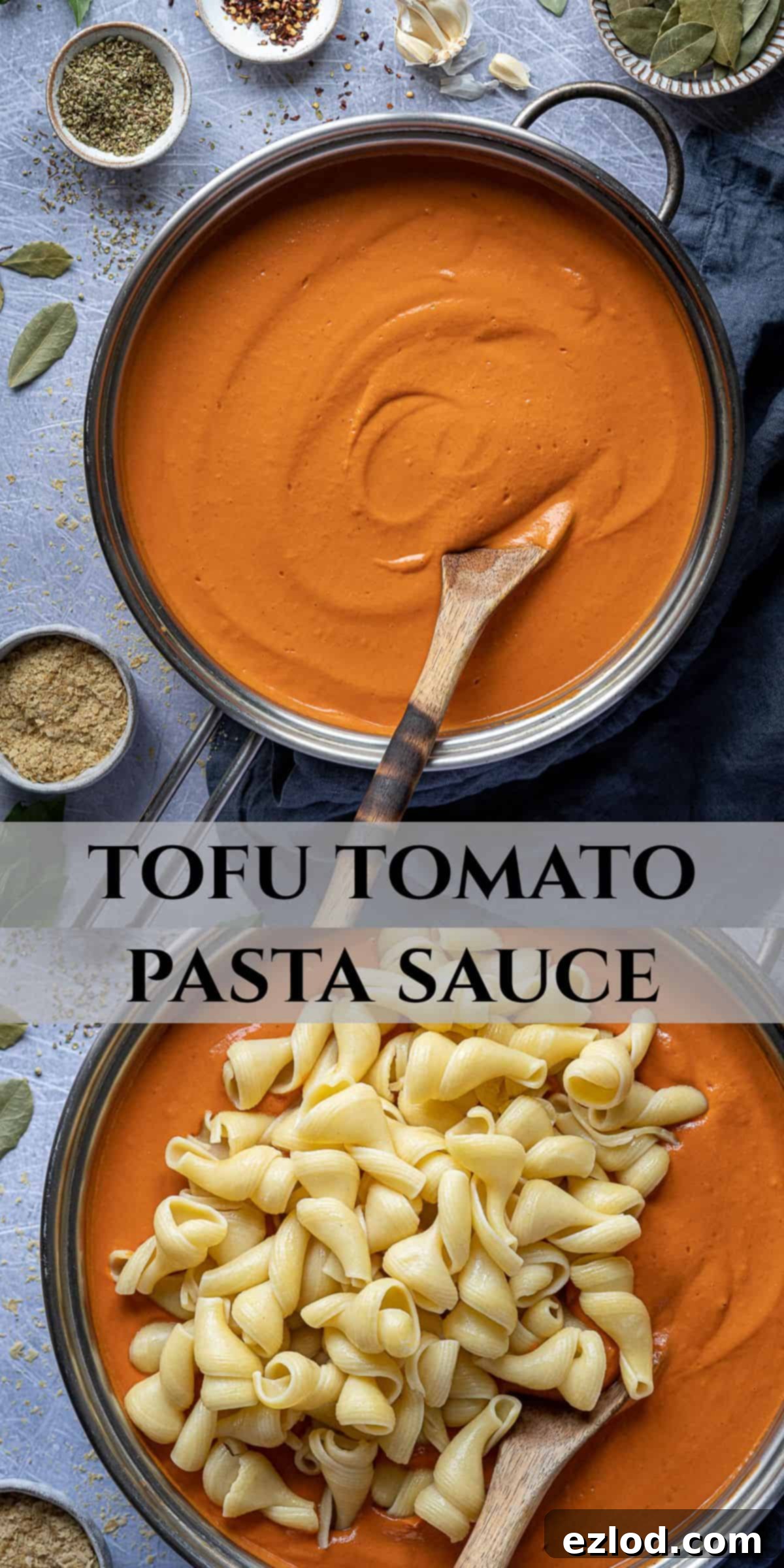 A Pinterest collage image showcasing various angles and preparations of the creamy tofu tomato pasta sauce, ideal for social media sharing.