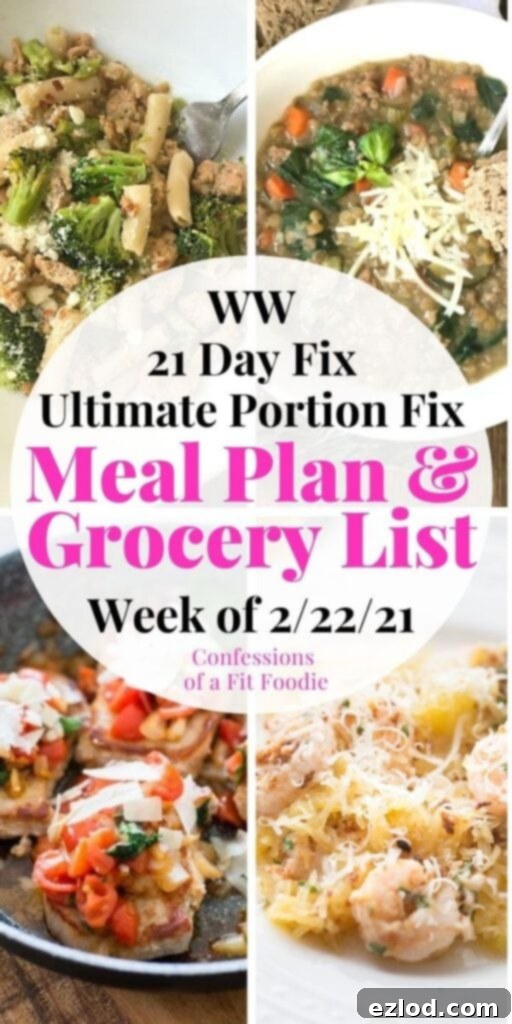 A vibrant, healthy meal spread featuring various dishes for a 21 Day Fix and WW meal plan, including a bowl of soup, a skillet dish, and breakfast jars.