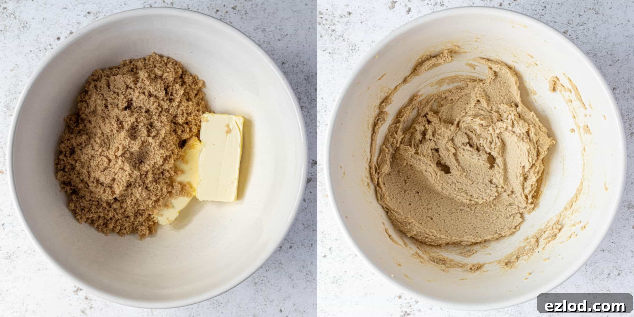 Step 1 in a two-image collage: top shows softened vegan butter and brown sugar in a bowl; bottom shows the mixture whisked until smooth and creamy.