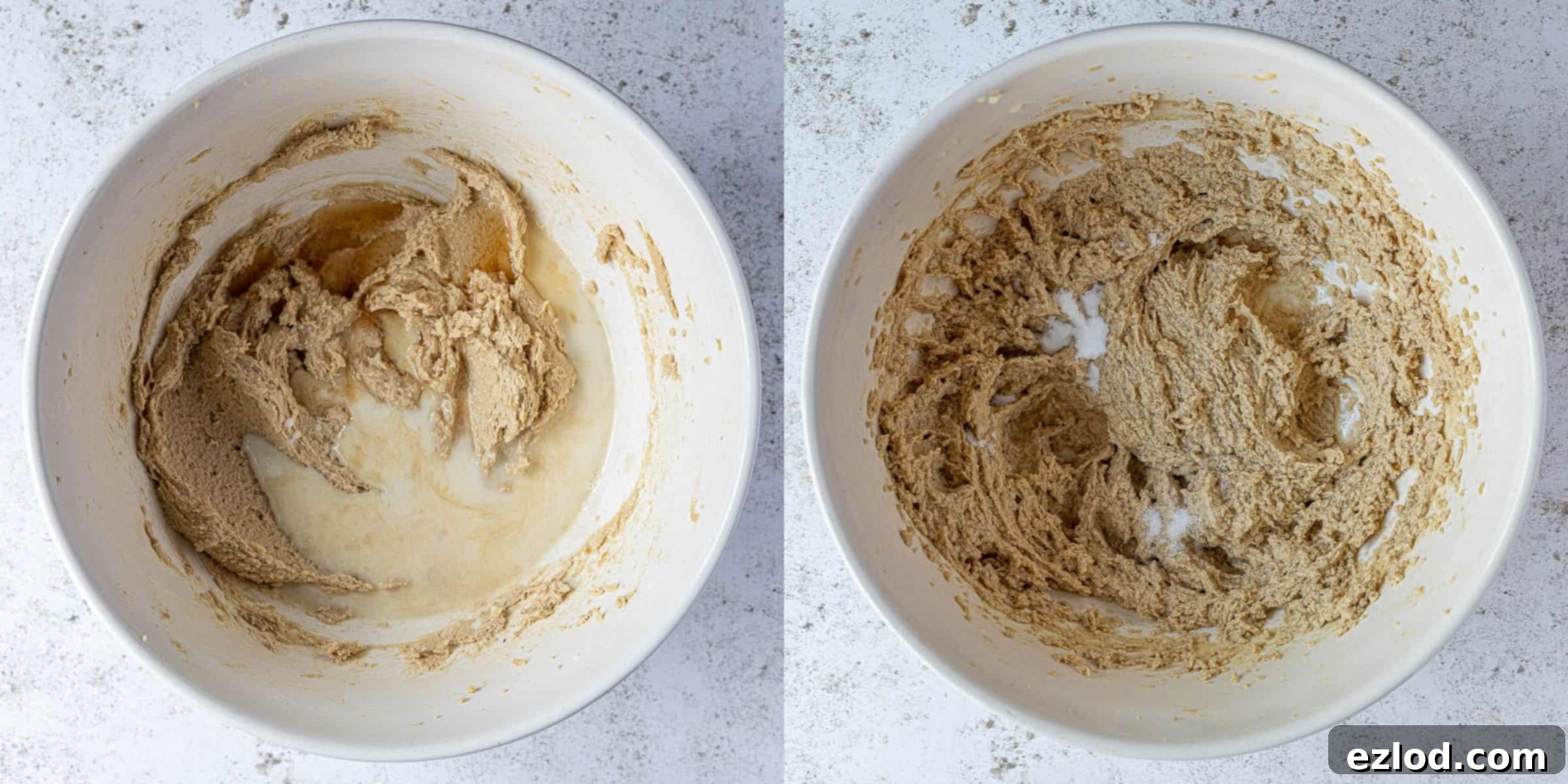 Step 2 in a two-image collage: top shows vanilla extract and milk being added; bottom shows baking soda and salt added and whisked into the mixture.