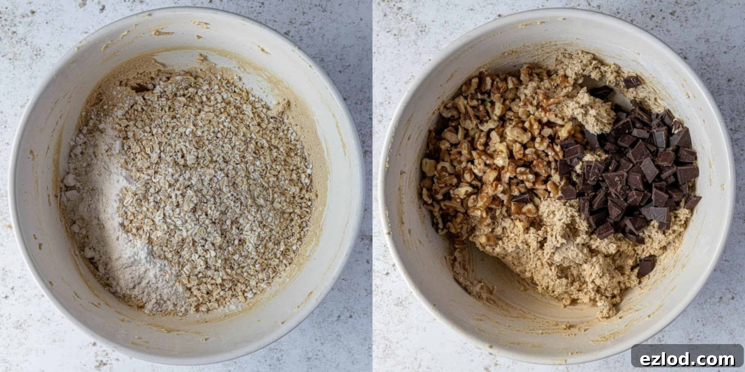 Step 3 in a two-image collage: top shows plain flour and porridge oats added; bottom shows chopped dark chocolate and walnuts folded into the oat mixture.