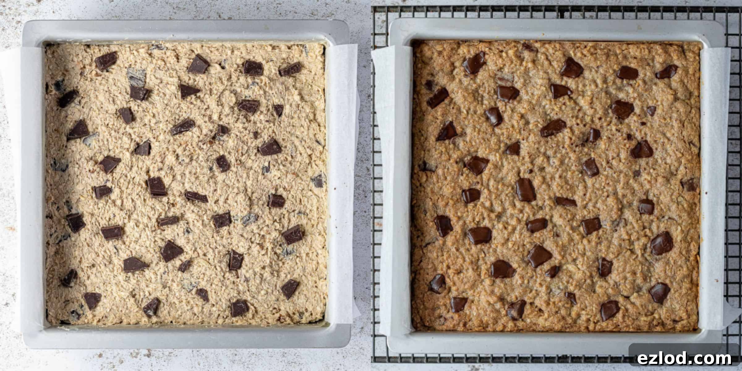 Step 4 in a two-image collage: top shows the unbaked bar mixture in the tin; bottom shows the golden brown, baked bars ready to cool.
