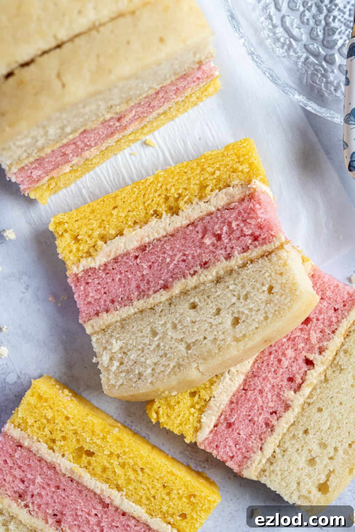 Close up of slices of vegan angel cake.