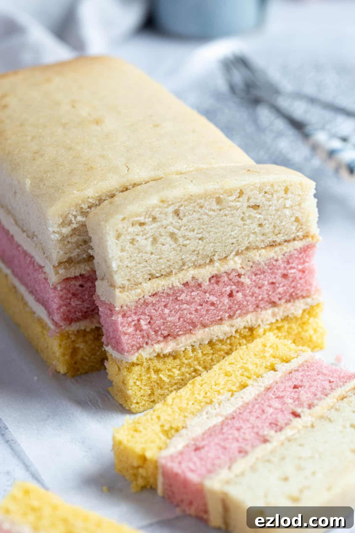 Close up of the sliced vegan angel cake.