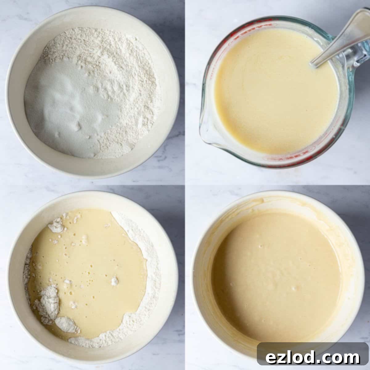 Step 1, a four image collage of mixing the dry ingredients, whisking the wet ingredients and mixing the two together.