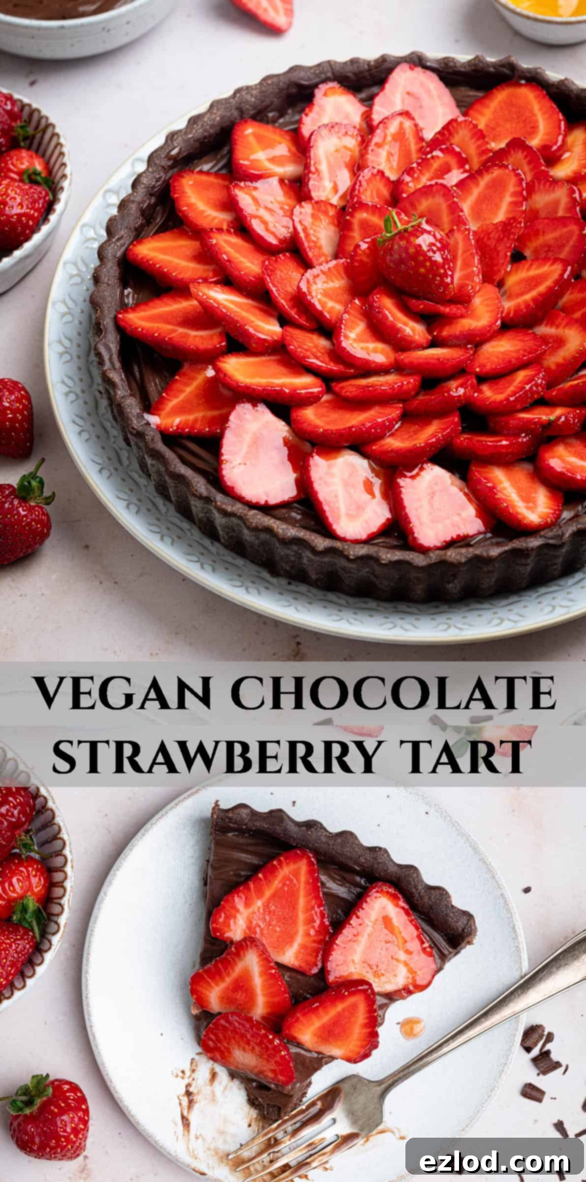 A Pinterest collage image featuring multiple enticing photos of the vegan chocolate strawberry tart: a full tart, a slice on a plate, and close-ups of ingredients, designed for social media sharing.