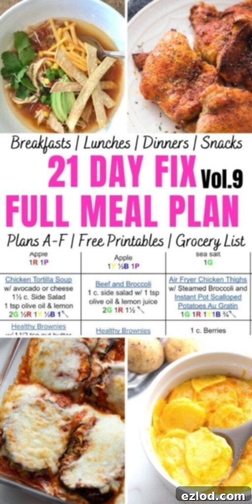 Food photo collage with pink and black text. Text says, 21 Day Fix Full Meal Plan Vol. 9 | Plans A-F | Free Printables | Grocery List