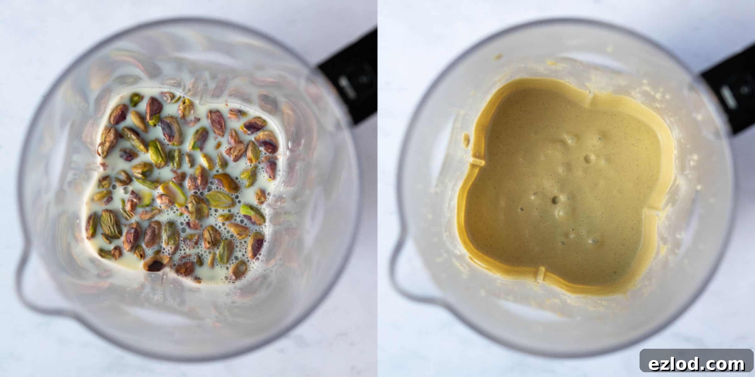 Step 2, a two image collage of blending the pistachios and milk.