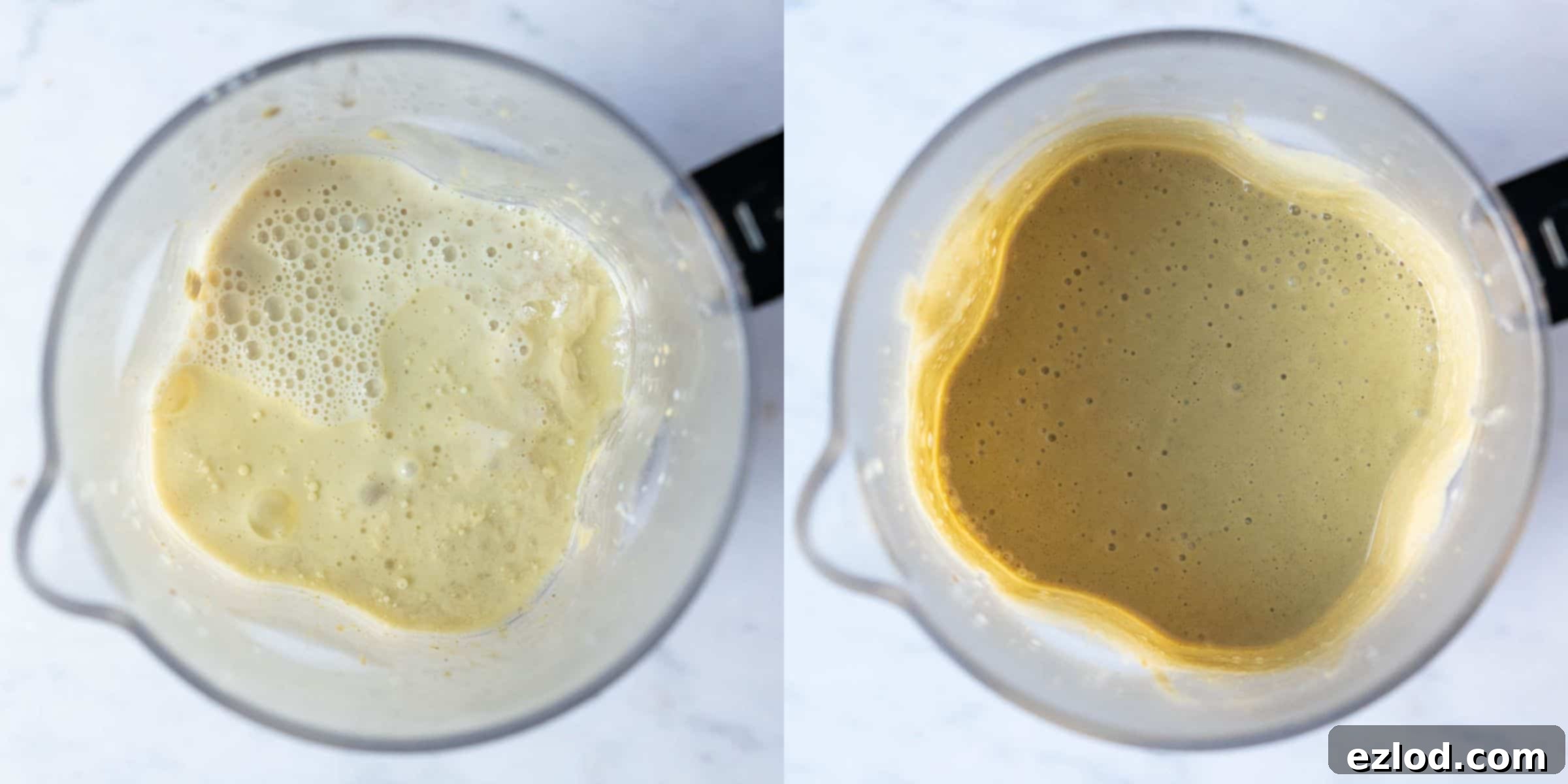 Step 3, a two image collage of adding the rest of the ingredients to the blender and blending until smooth.