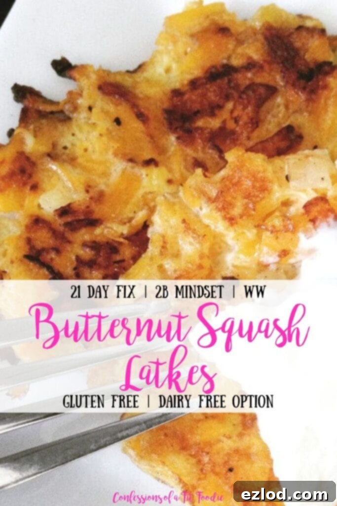 A top-down view of two beautifully cooked Butternut Squash Latkes, each crowned with a spoonful of cool Greek yogurt. A fork is placed casually on the side of the white plate. Text overlay highlights '21 Day Fix | 2B Mindset | WW | Butternut Squash Latkes | Gluten Free | Dairy Free Option | Confessions of a Fit Foodie', emphasizing its health benefits and dietary compatibility.