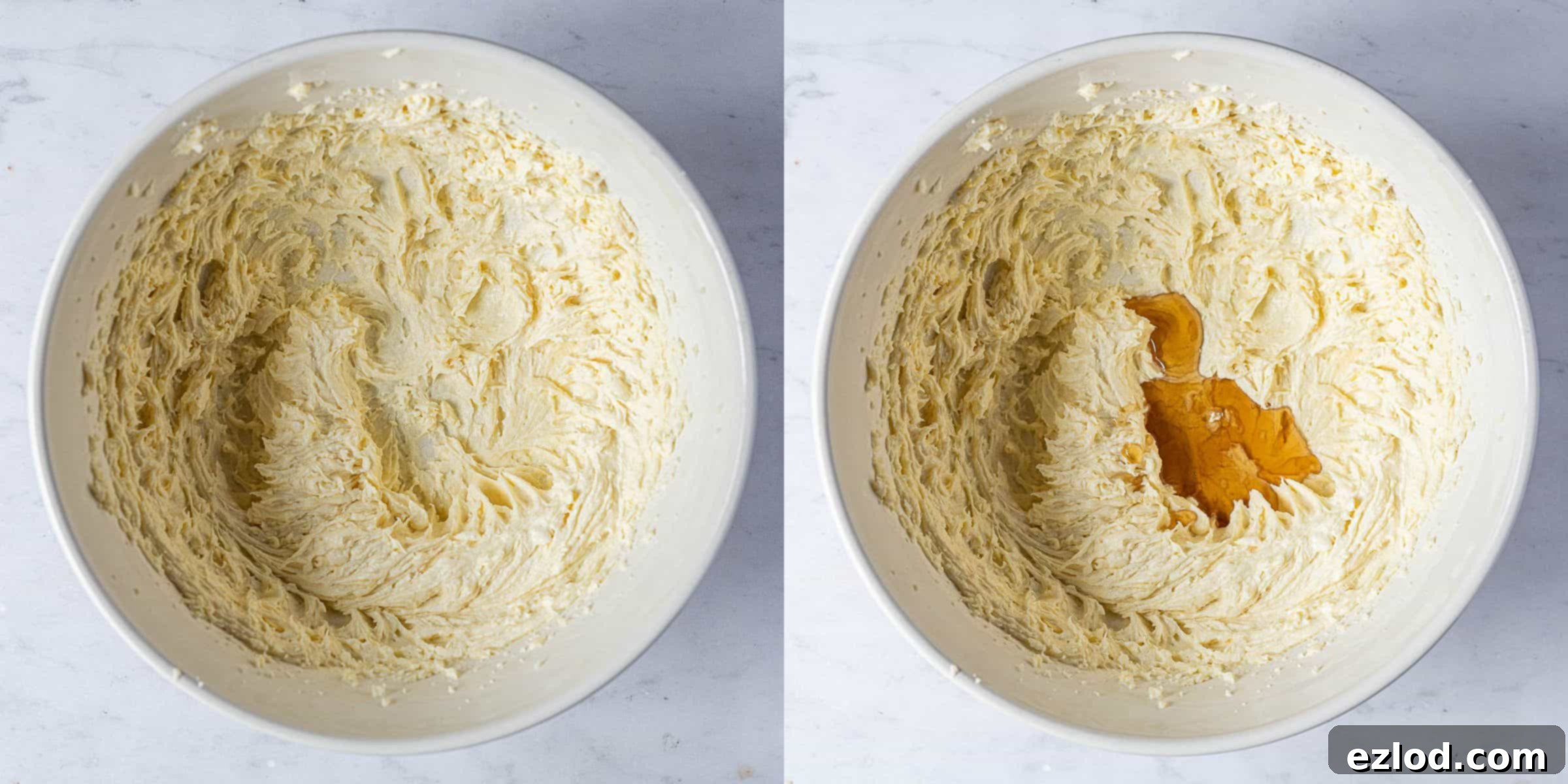 Step 1, a two image collage of creamig the butter and sugar and adding the vanilla extract.