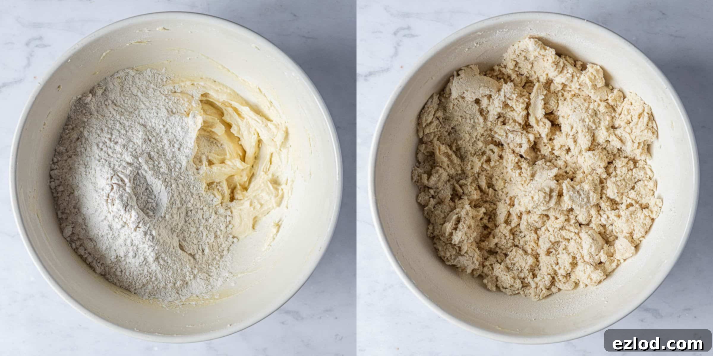 Step 2, a two image collage of mixing in the flour.