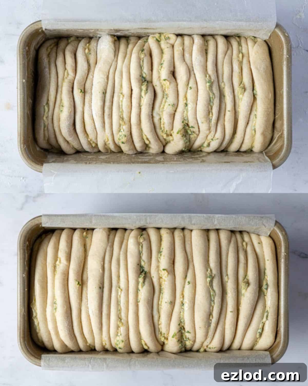 A two-image collage showing the arranged garlic bread pieces in a loaf tin before and after their second rise, demonstrating the increase in volume and puffiness.