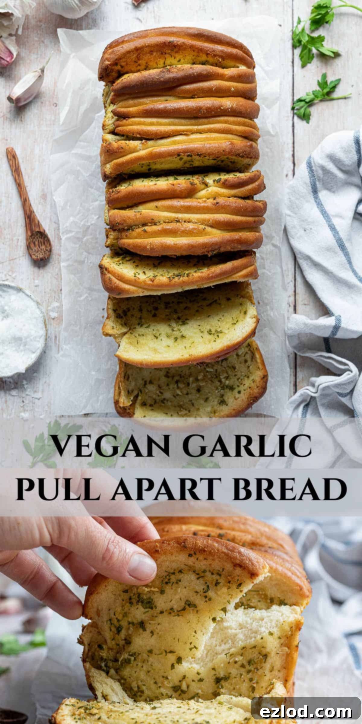 A Pinterest-friendly collage image showcasing different views of the vegan garlic pull apart bread: a whole loaf, a hand tearing a piece, and a close-up of the delicious filling.