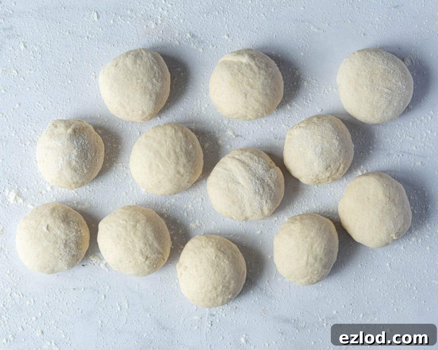 Twelve evenly divided balls of bread dough arranged on a lightly floured surface, ready for shaping.