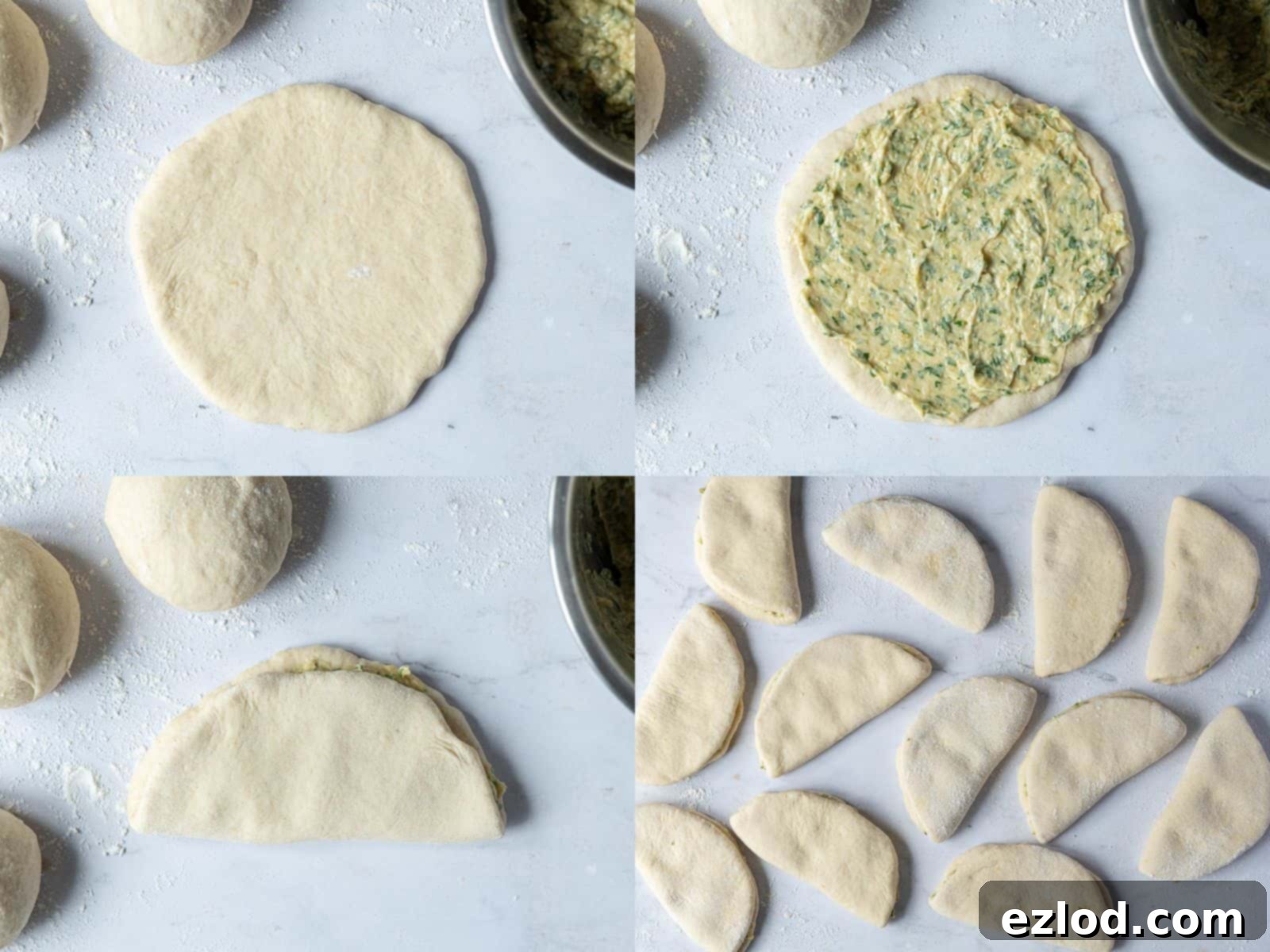 A four-image collage demonstrating the shaping process: rolling out dough, spreading garlic butter, folding the dough into a semi-circle, and a collection of filled dough pieces.