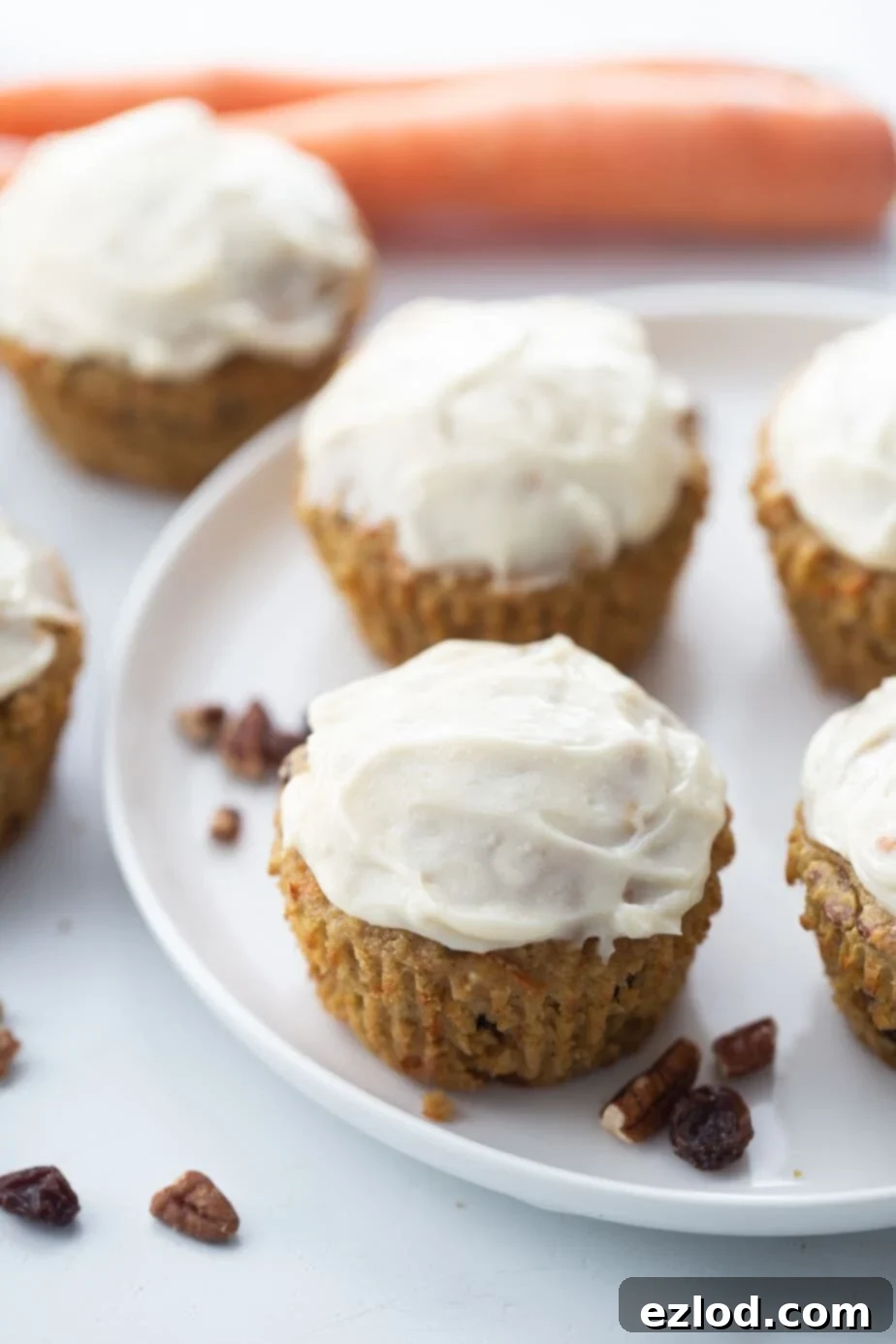 Six carrot cake muffins with frosting on a white plate