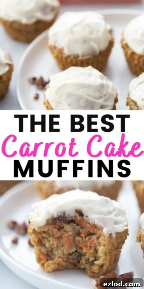 Two photo collage with black and pink text on a white rectangle. Photos are of Carrot Cake Muffins topped with cream cheese frosting. Text says, "The Best Carrot Cake Muffins". 