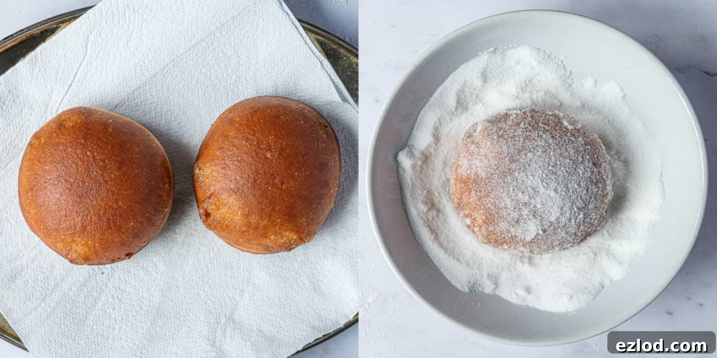 Step 9, a two image collage of draining the doughnuts and rolling them in sugar.